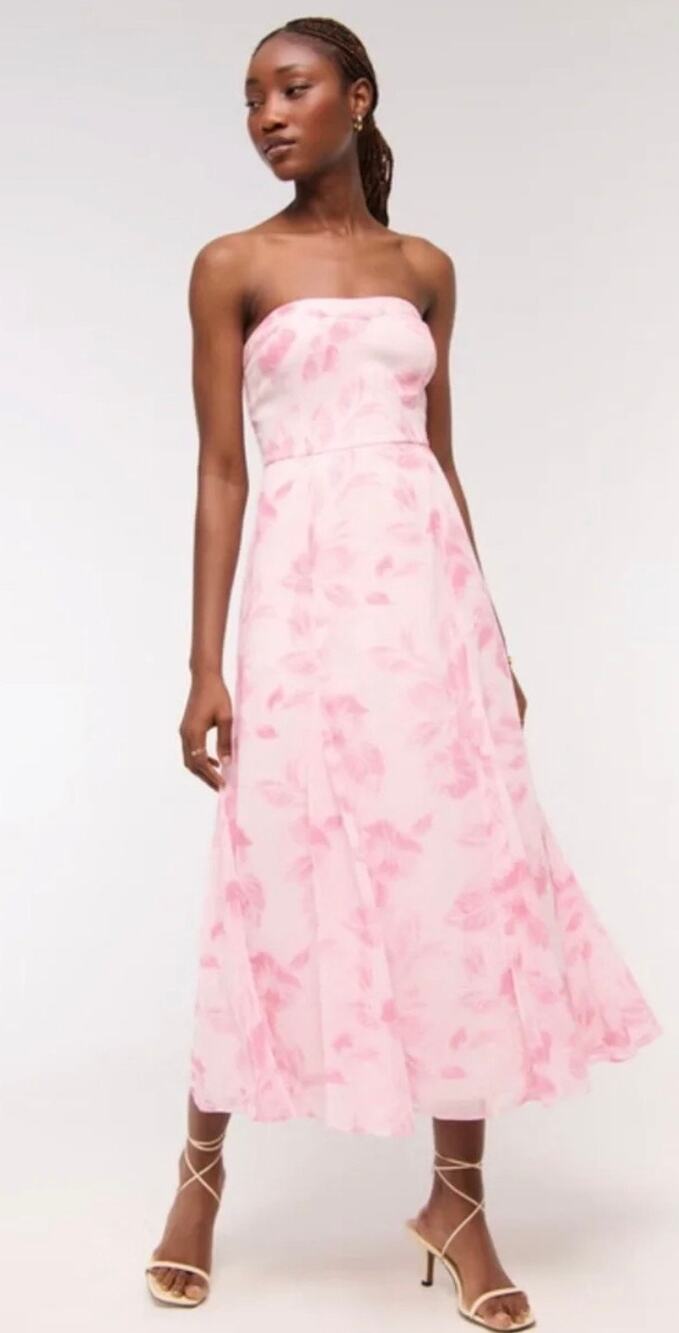 Abercrombie & Fitch Camille Strapless Godet Midi Dress Pink Floral Sz MP New